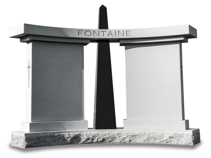 GwS017 - Gros monument de granit gris mat incurvé avec obélisque de granit noir poli en pièce centrale - Monument sur mesures - Monuments Roger Fontaine